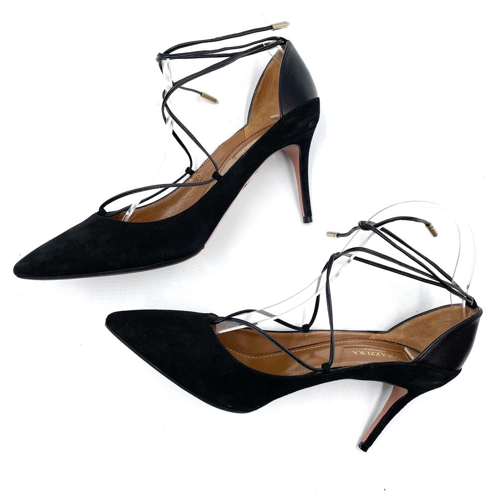 Aquazzura Fellini Pumps Black Suede Leather Trimmed Pointed Ankle Tie Sz 37 /‎ 7 - Picture 11 of 14